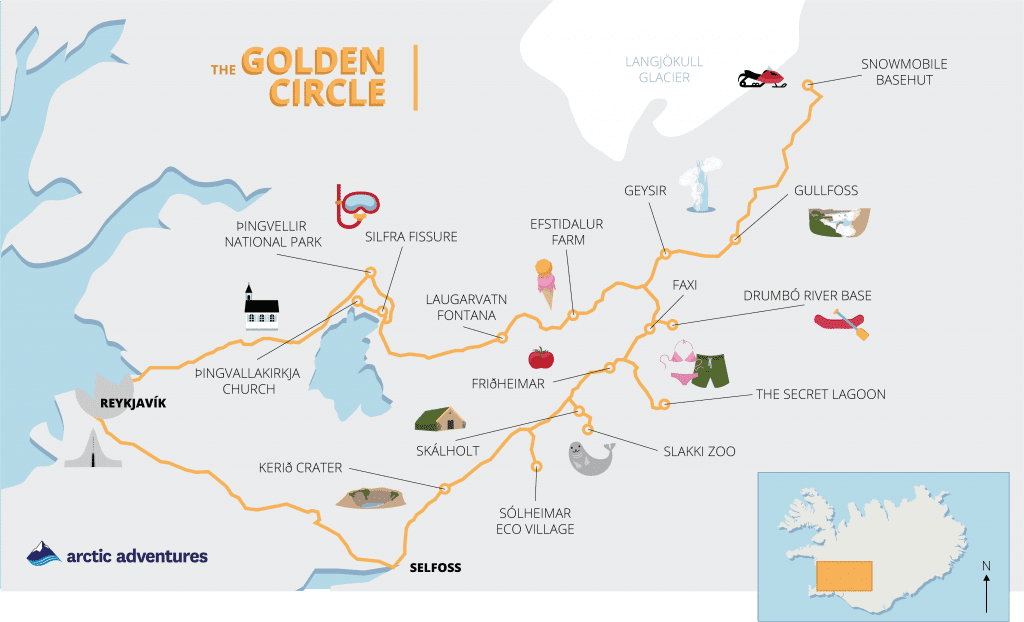 activity map of the golden circle showing activities on a tour with arctic adventures