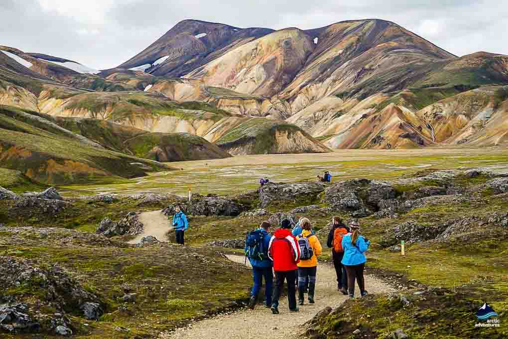 Group of people hiking in Landmannalaugar