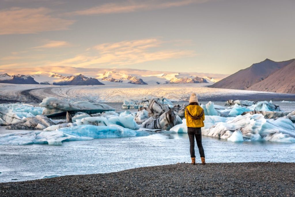 Woman near Jokulsarlon glacier lagoon