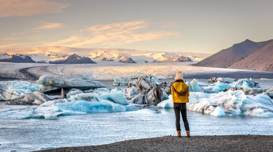 Woman near Jokulsarlon glacier lagoon